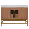 BATH VANITY IN MATTE DARK BURL WOOD AND ANTIQUE BRASS WITH WHITE MARBLE TOP AND PORCELAIN SINK, 48" WIDE