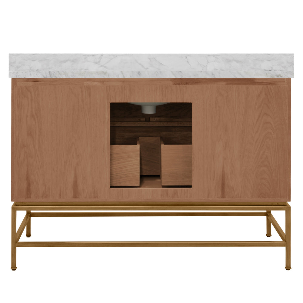 BATH VANITY IN MATTE DARK BURL WOOD AND ANTIQUE BRASS WITH WHITE MARBLE TOP AND PORCELAIN SINK, 48" WIDE
