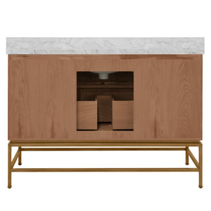BATH VANITY IN MATTE DARK BURL WOOD AND ANTIQUE BRASS WITH WHITE MARBLE TOP AND PORCELAIN SINK, 48" WIDE