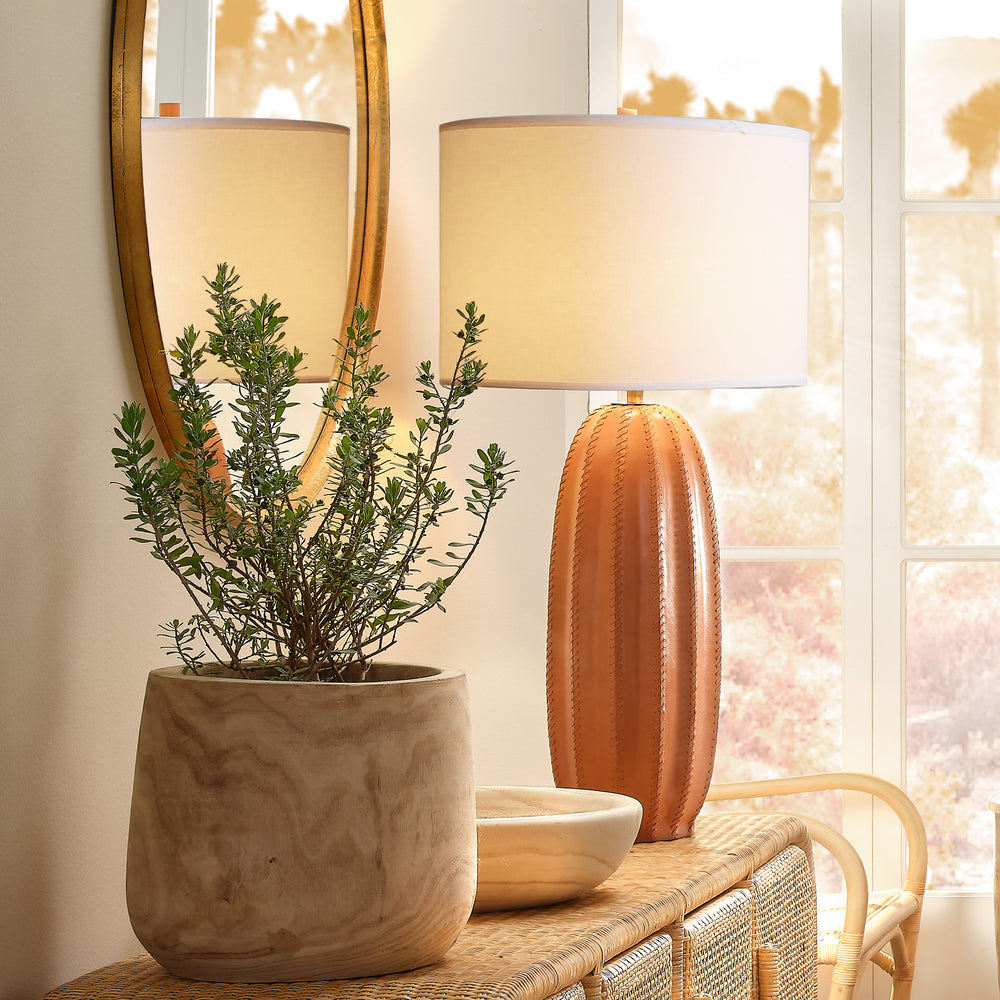 Beckham Leather Table Lamp with Linen Shade, Tan