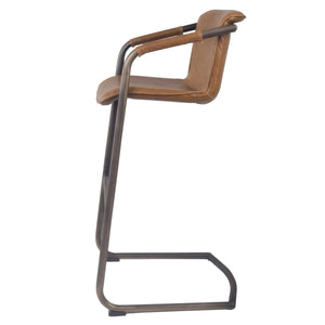 Indy Bar Stool w/ Arms Rubbed Gold Frame In Antique Cigar Brown