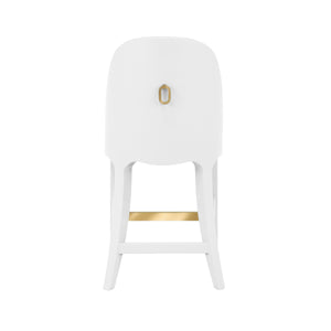 CURVED COUNTER STOOL WITH SATIN BRASS RING HARDWARE ON BACK IN PERFORMANCE WHITE LINEN UPHOLSTERY AND TEXTURED WHITE LINEN FRAME