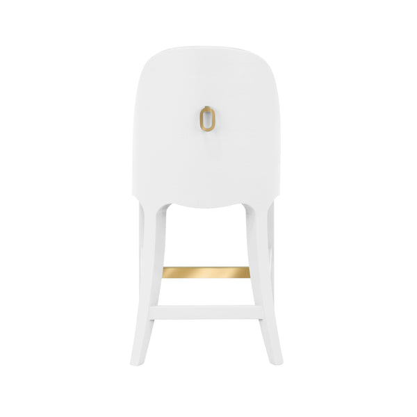 CURVED COUNTER STOOL WITH SATIN BRASS RING HARDWARE ON BACK IN PERFORMANCE WHITE LINEN UPHOLSTERY AND TEXTURED WHITE LINEN FRAME