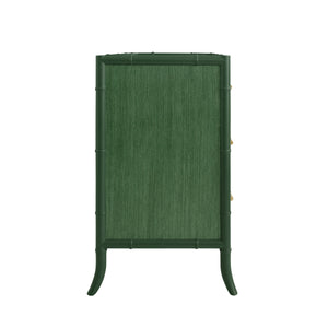 FOUR DRAWER CHEST WITH BAMBOO DETAIL IN GREEN DYED GRASSCLOTH AND DARK GREEN MATTE LACQUER