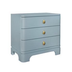 THREE DRAWER ROUNDED EDGE SIDE TABLE WITH BRASS BEETLE KNOB IN LIGHT BLUE MATTE LACQUER
