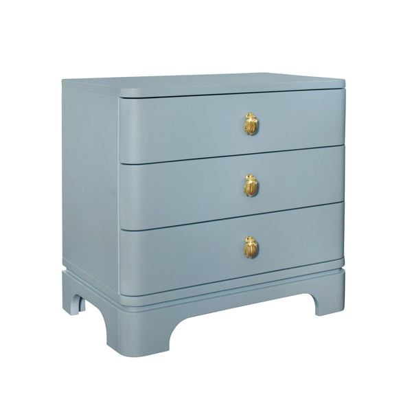 THREE DRAWER ROUNDED EDGE SIDE TABLE WITH BRASS BEETLE KNOB IN LIGHT BLUE MATTE LACQUER