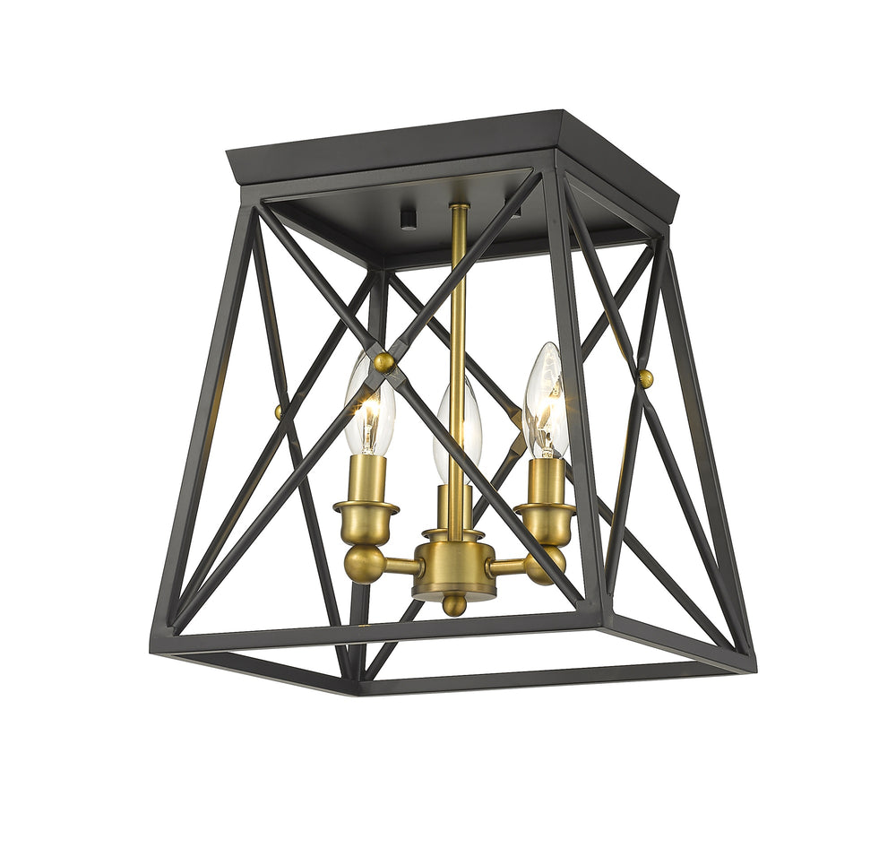 Trestle 3 Light Flush Mount in Matte Black + Olde Brass Finish