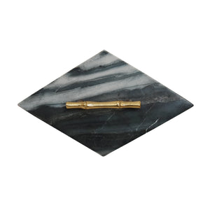 LARGE DIAMOND SHAPED BRASS BOX WITH BLACK MARBLE TOP AND BRASS BAMBOO HANDLE