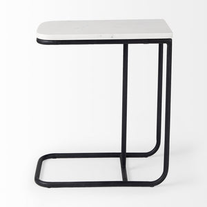Kyra 12.0L x 20.0W x 23.0H White Marble Top W/Black Iron Frame C-Shaped End and Side Table