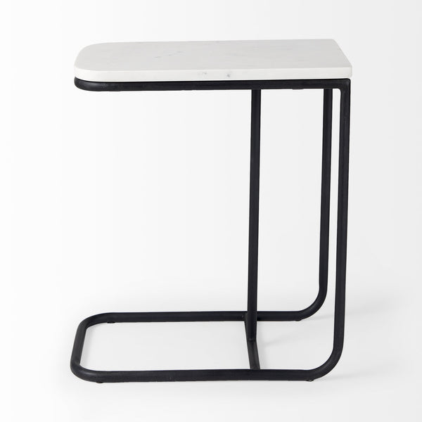 Kyra 12.0L x 20.0W x 23.0H White Marble Top W/Black Iron Frame C-Shaped End and Side Table
