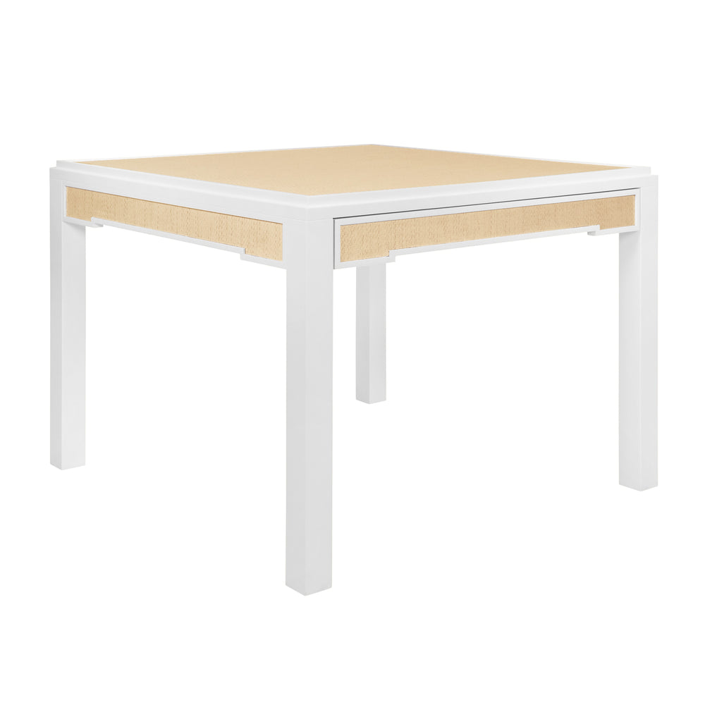 SQUARE TWO DRAWER GAME TABLE IN MATTE WHITE LACQUER FRAME AND INSET NATURAL GRASSCLOTH