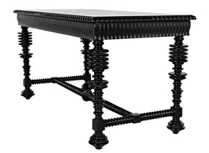 Portuguese Small Desk in Hand-Rubbed Black Mahogany with Brass Pulls