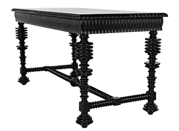 Portuguese Small Desk in Hand-Rubbed Black Mahogany with Brass Pulls