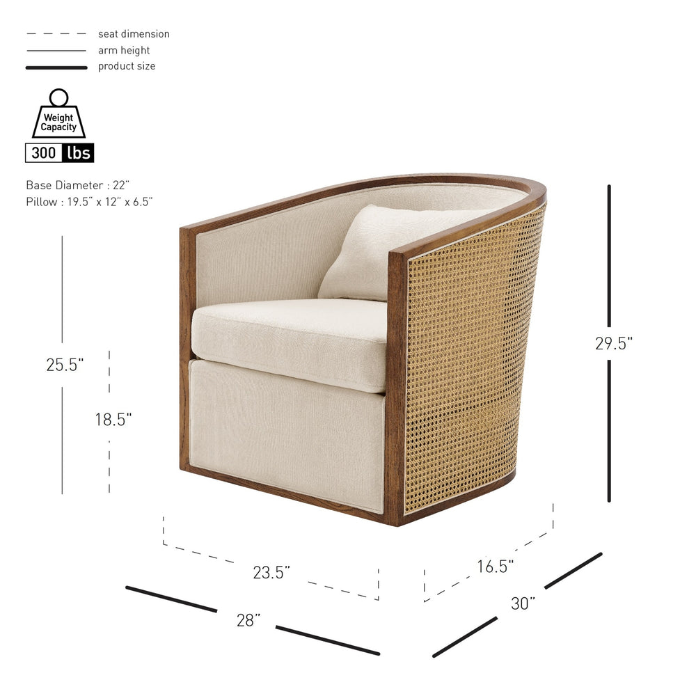 Marilyn Linen Swivel Accent Arm Chair w/ Rattan, Shortbread/Natural