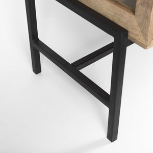 Arelius 70L x 18W x 32H Light Brown Wood, Black Metal Base w/ 4 Glass Cabinet Doors Sideboard