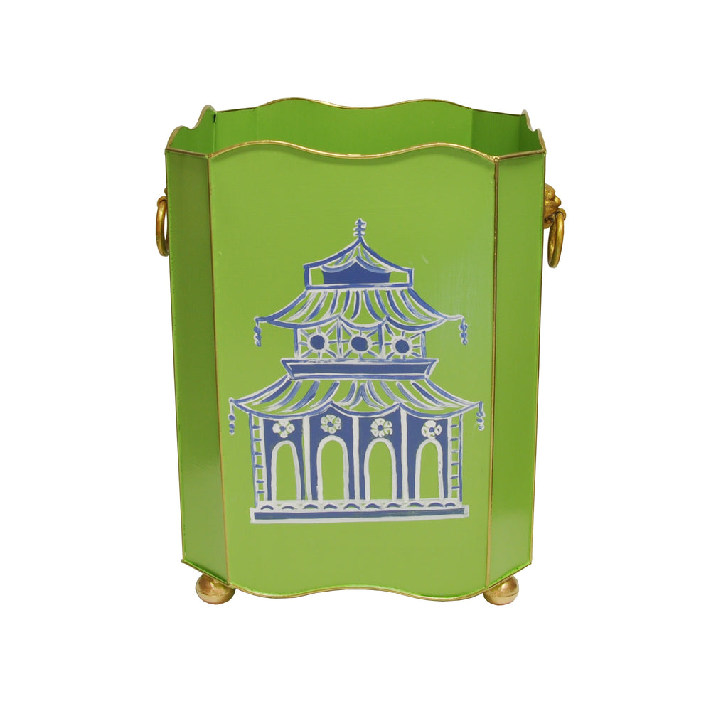 SQUARE WASTEBASKET WITH LION HANDLES IN GREEN PAGODA