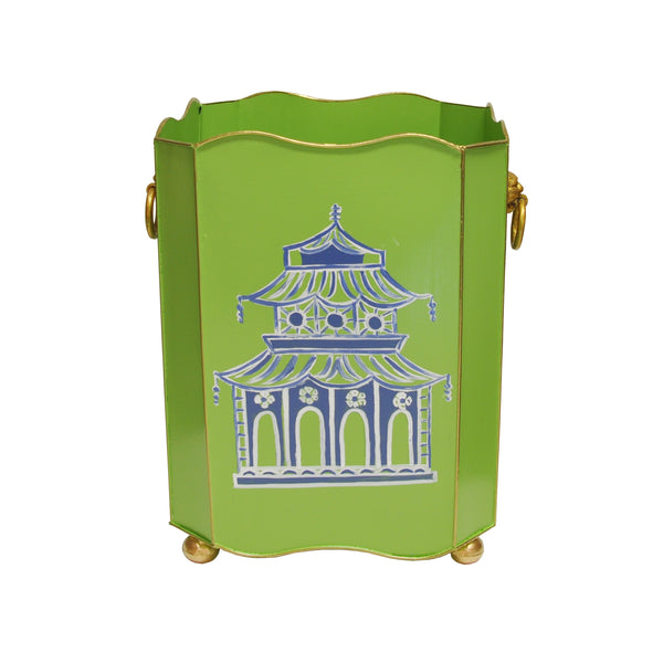 SQUARE WASTEBASKET WITH LION HANDLES IN GREEN PAGODA