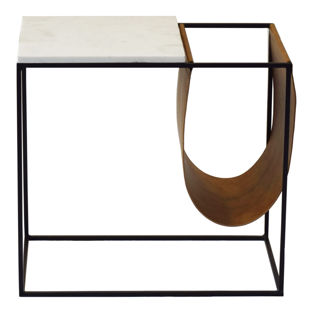 Cave Magazine Rack with Marble Top and Tan Sling