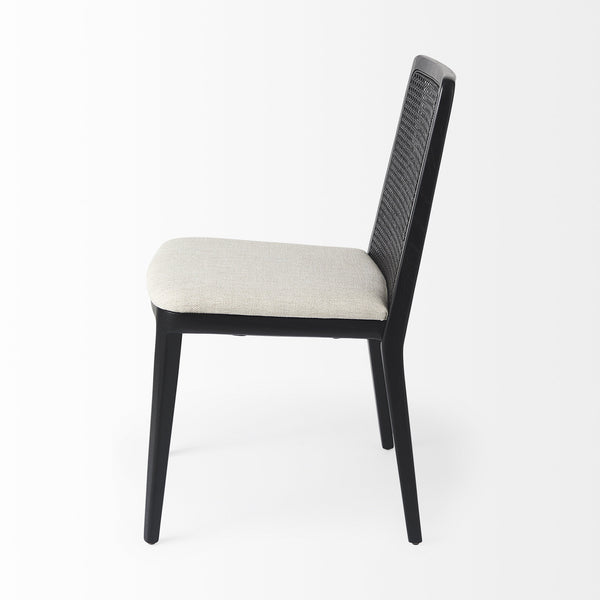 Clara Black Wood W/ Cream Fabric Seat and Cane Back Armless Dining Chair