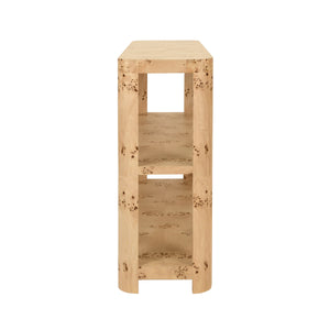 TIER TIER CONSOLE WITH CURVED CORNERS IN BURL WOOD