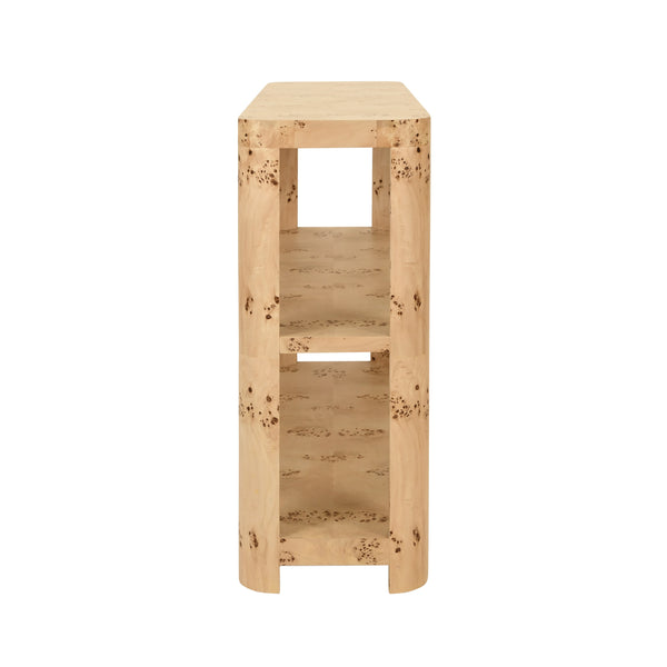 TIER TIER CONSOLE WITH CURVED CORNERS IN BURL WOOD