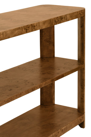TIER TIER CONSOLE WITH CURVED CORNERS IN DARK BURL WOOD