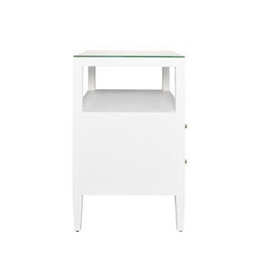 TWO DRAWER SIDE TABLE WITH OPEN TOP SHELF IN TEXTURED WHITE LINEN WITH POLISHED BRASS KNOBS