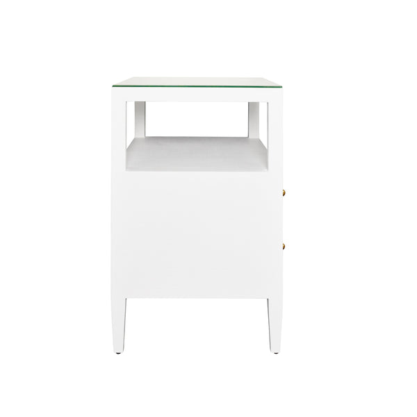 TWO DRAWER SIDE TABLE WITH OPEN TOP SHELF IN TEXTURED WHITE LINEN WITH POLISHED BRASS KNOBS