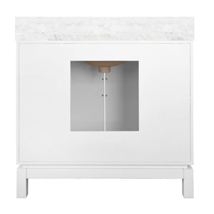 BATH VANITY IN MATTE WHITE LACQUER WITH ANTIQUE BRASS CIRCLE HARDWARE, WHITE MARBLE TOP, AND PORCELAIN SINK