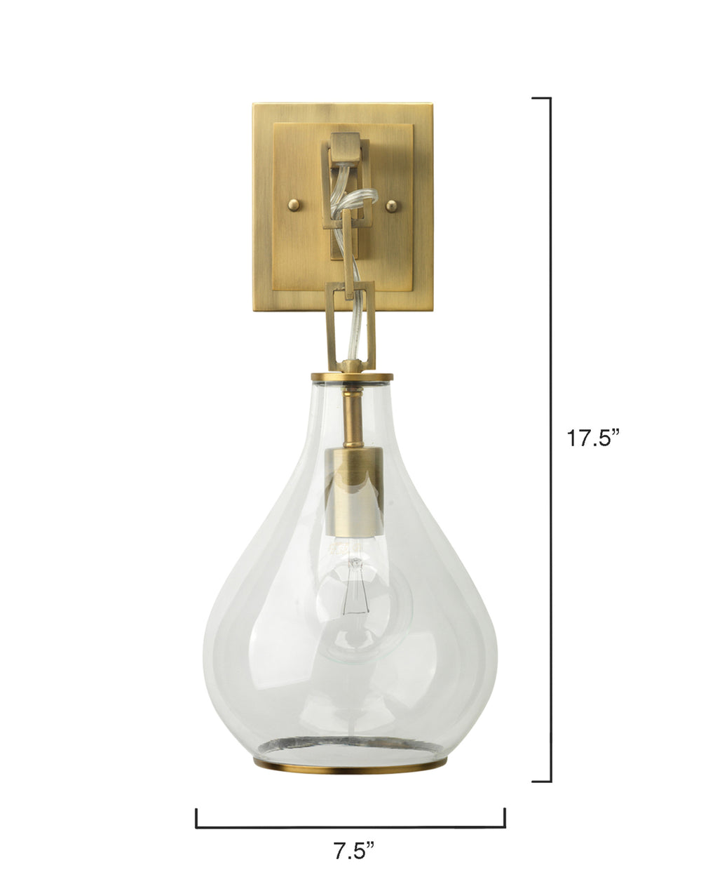 Tear Drop Hanging Wall Sconce, Clear Glass and Antique Brass