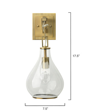 Tear Drop Hanging Wall Sconce, Clear Glass and Antique Brass
