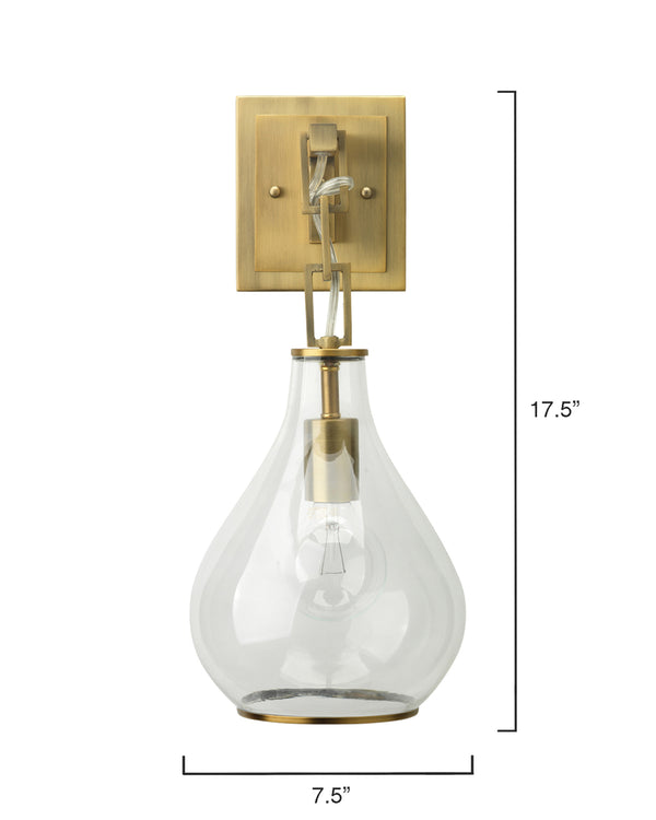 Tear Drop Hanging Wall Sconce, Clear Glass and Antique Brass
