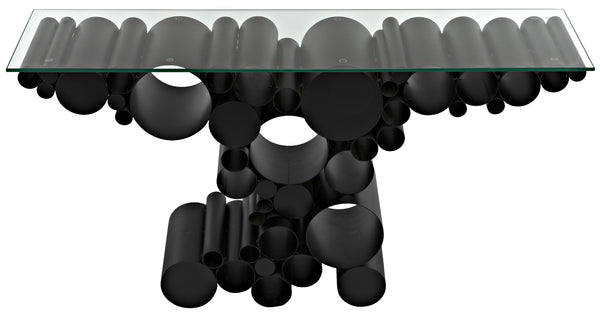 Paradox Console Table in Matte Black Industrial Steel with Glass Top