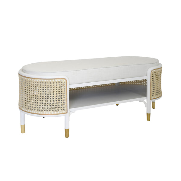 OVAL BENCH IN MATTE WHITE AND NATURAL CANE WITH WHITE LINEN CUSHION