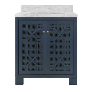 BATH VANITY IN MATTE NAVY LACQUER WITH CANE FRONT DOORS, WHITE MARBLE TOP, PORCELAIN SINK, AND POLISHED BRASS KNOBS