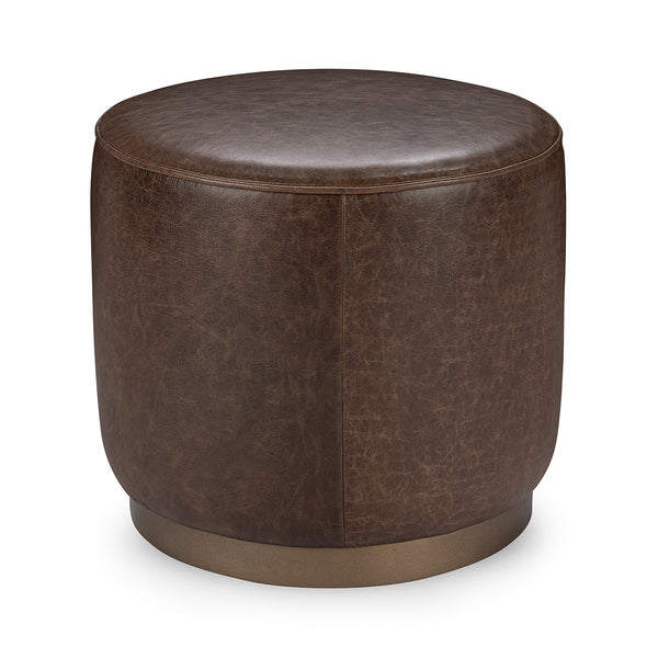 Claire Round Leather Ottoman, Iron Base - Dark Brown