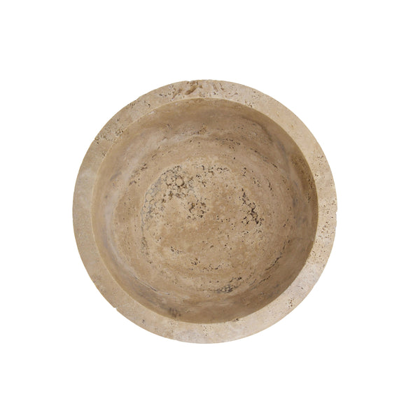 TRAVERTINE MARBLE BOWL WITH RIBBED BRASS BASE