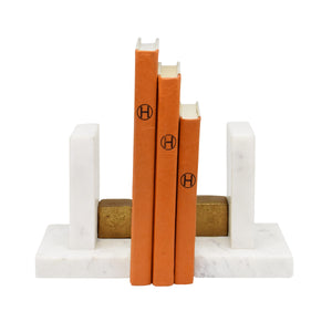 PAIR OF WHITE MARBLE BOOKENDS WITH BRASS SQUARE DETAIL