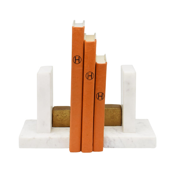 PAIR OF WHITE MARBLE BOOKENDS WITH BRASS SQUARE DETAIL