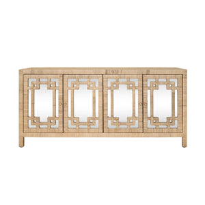 FOUR DOOR BUFFET WITH MIRROR FRONT DOORS AND WRAPPED RATTAN