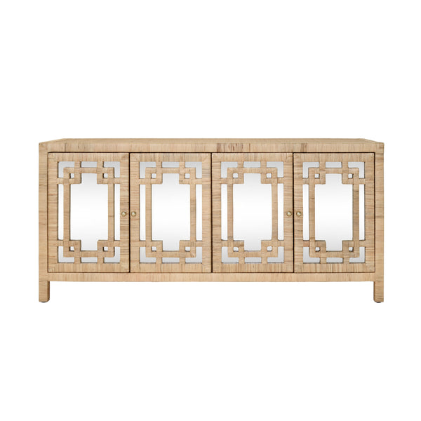 FOUR DOOR BUFFET WITH MIRROR FRONT DOORS AND WRAPPED RATTAN