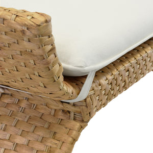ARCHED BENCH IN WOVEN WATER HYACINTH WITH PERFORMANCE IVORY LINEN CUSHION