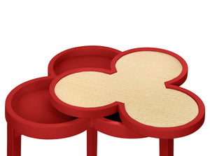CLOVER CIGAR TABLE WITH REVERSIBLE LACQUER AND NATURAL GRASSCLOTH TOP IN MATTE RED LACQUER