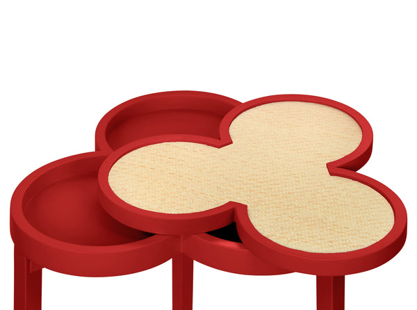 CLOVER CIGAR TABLE WITH REVERSIBLE LACQUER AND NATURAL GRASSCLOTH TOP IN MATTE RED LACQUER