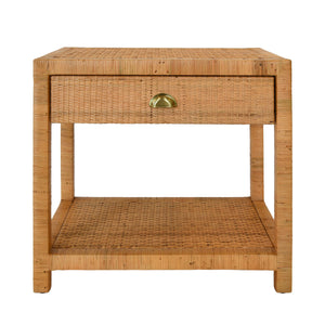 ONE DRAWER END TABLE IN RATTAN WITH BRUSHED BRASS CUP PULL