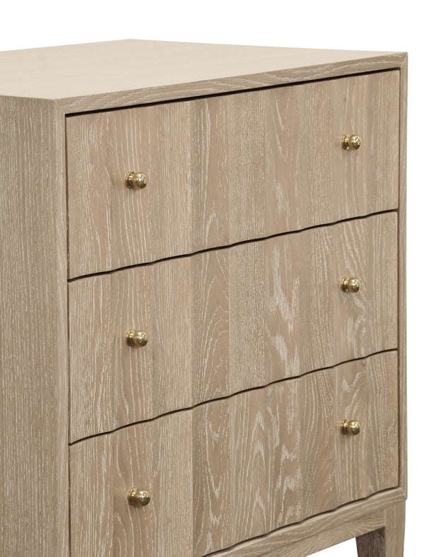 THREE DRAWER SIDE TABLE WITH FLUTED DETAIL IN CERUSED OAK
