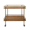 ANTIQUE BRASS BAR CART WITH SHELVES IN DARK BURL WOOD
