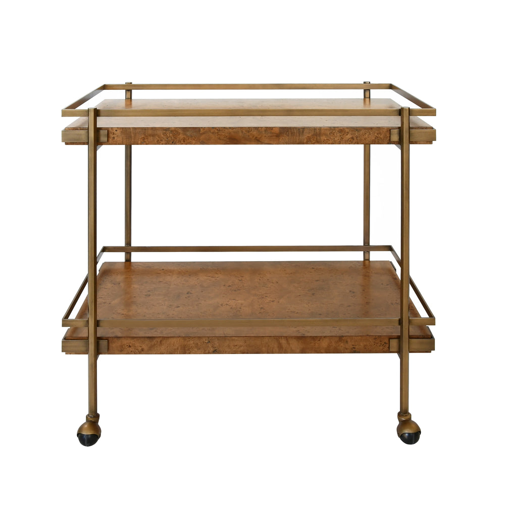 ANTIQUE BRASS BAR CART WITH SHELVES IN DARK BURL WOOD