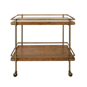 ANTIQUE BRASS BAR CART WITH SHELVES IN DARK BURL WOOD