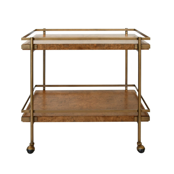 ANTIQUE BRASS BAR CART WITH SHELVES IN DARK BURL WOOD